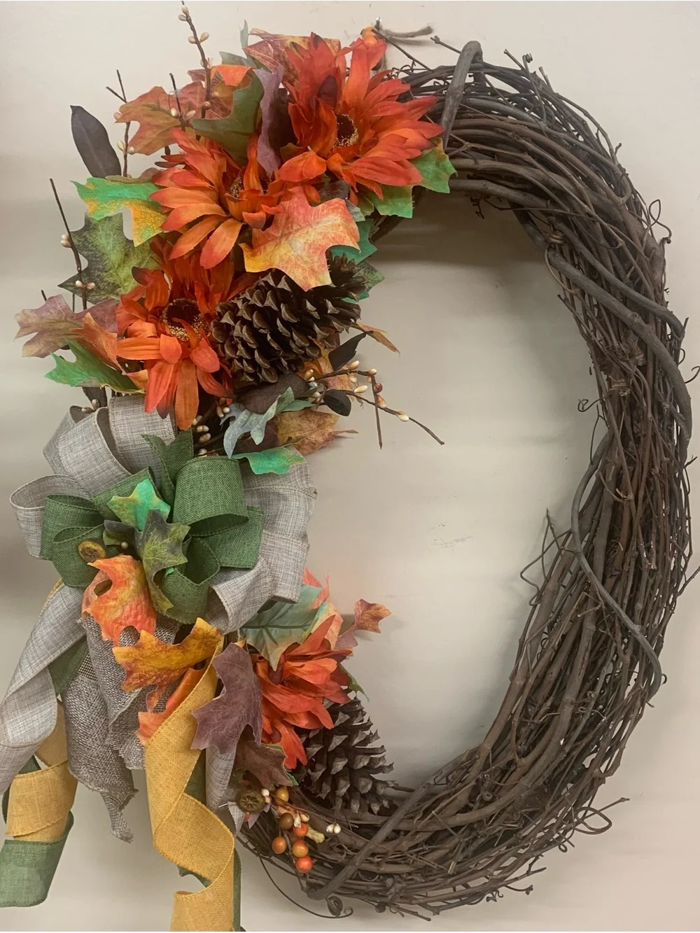 Autumn Orange Sunflower & Pinecone Grapevine Wreath - Home Holiday